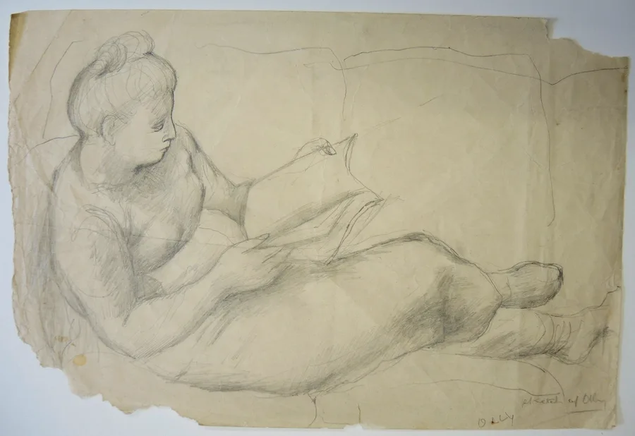Ena Joyce, Margaret Olley reading c1945, pencil on paper 25 x 37.5cm, gift of Judith Silvester, 2019