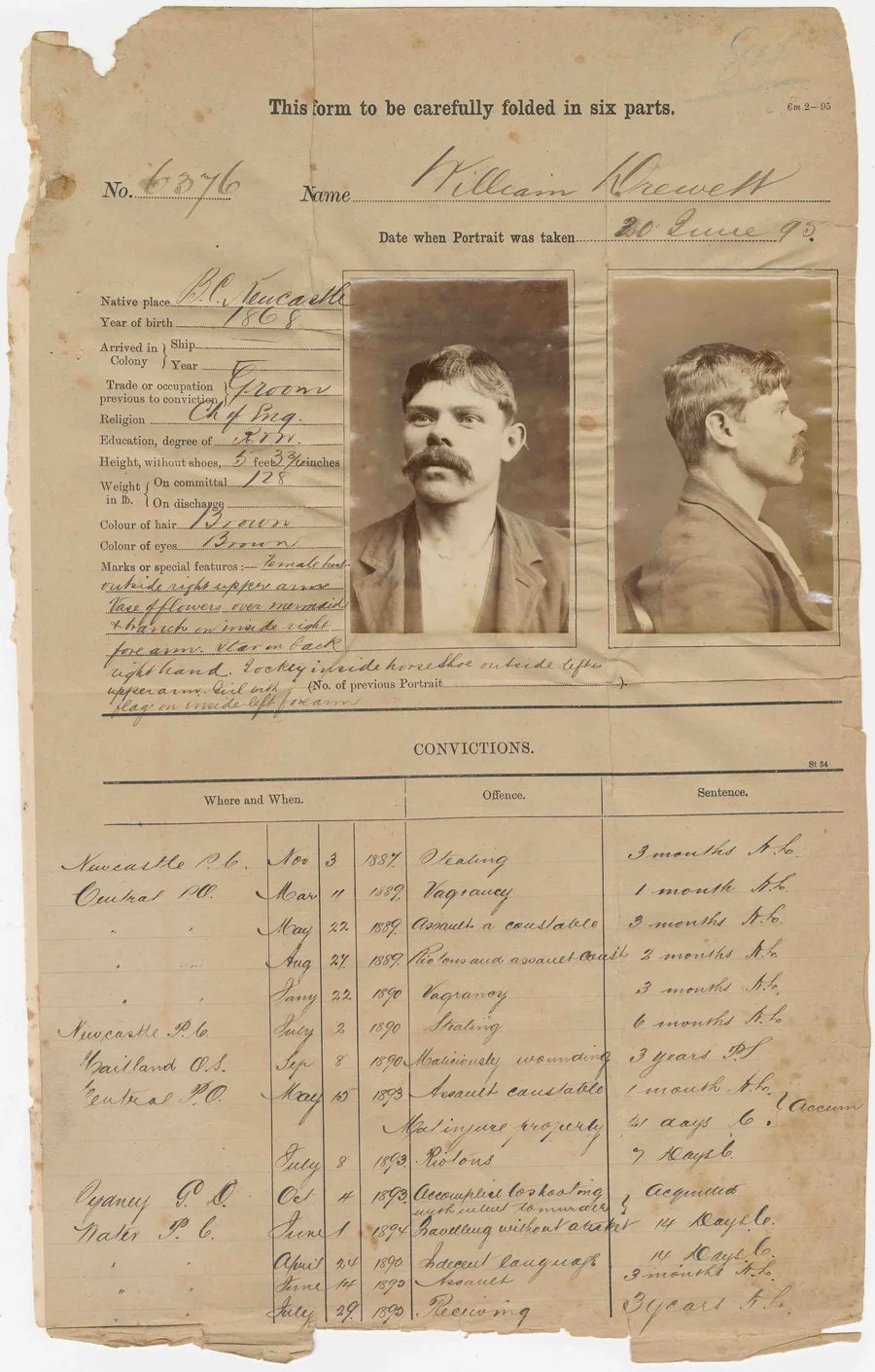 Conviction Record for William Drewett, c1887-1895, Prisoner photographs and record of imprisonment, paper, 35 x 22 cm, purchased 2018