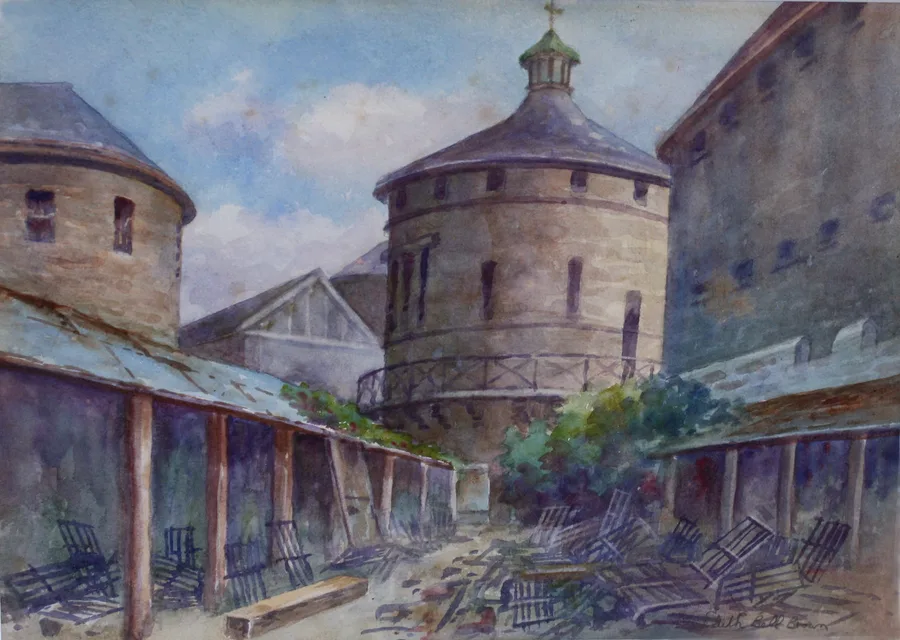 Edith Bell Brown Looking towards the church in Darlinghurst Gaol, 1922, watercolour on paper, 17 x 24.5 cm