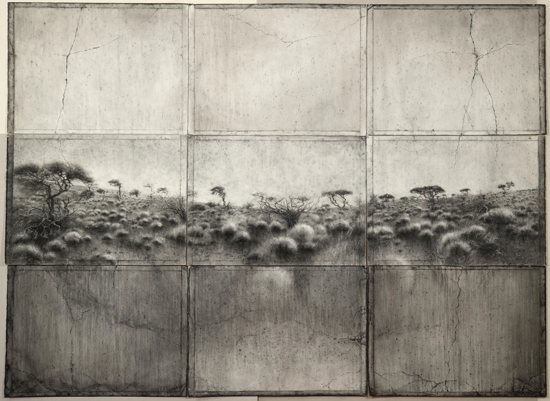 Charcoal on paper, 9 panels 168cm x 218cm (HxW).