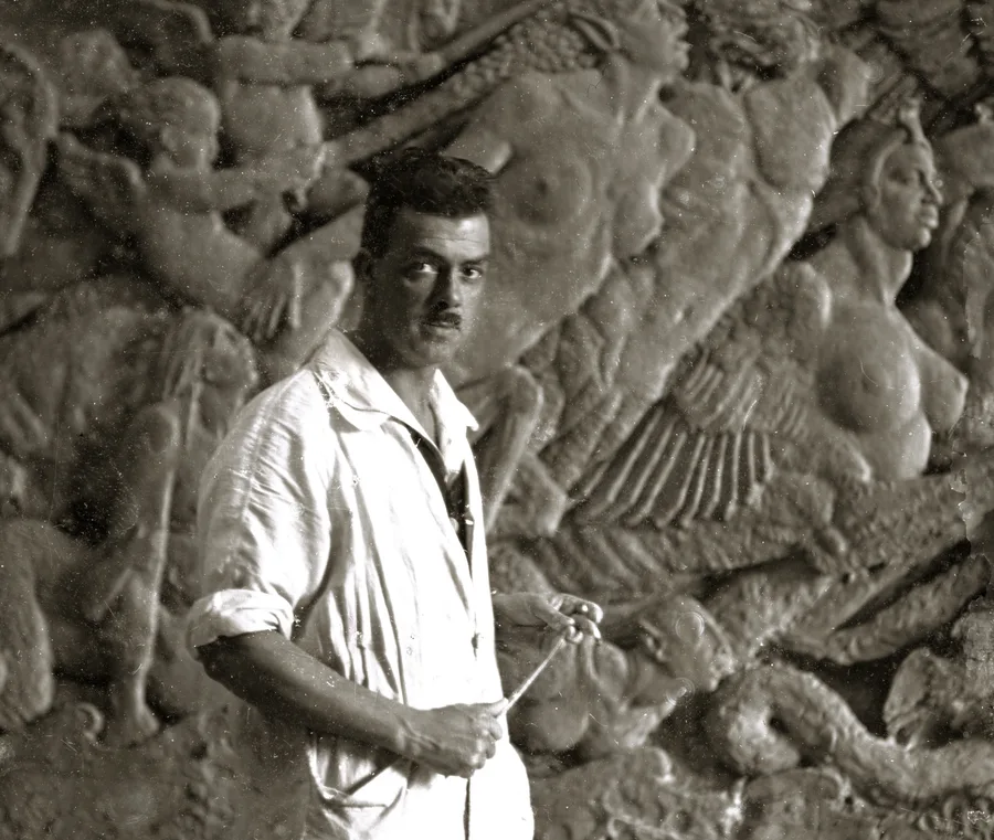 2. Rayner Hoff, with his sculpture Deluge: Stampede of the Lower Gods 1924, from a glass plate negative, gift of Rayner Henstock, 2024