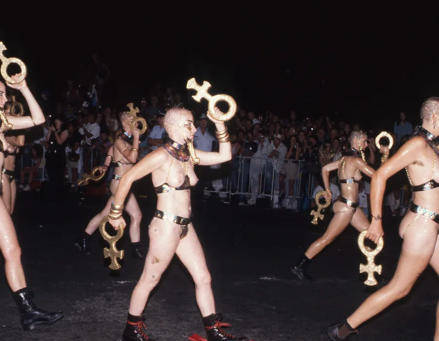 C Moore Hardy Lesbian marching girls in Egyptian costume Gay Lesbian Mardi Gras Parade SGLMG Sydney 1994 2048x1237
