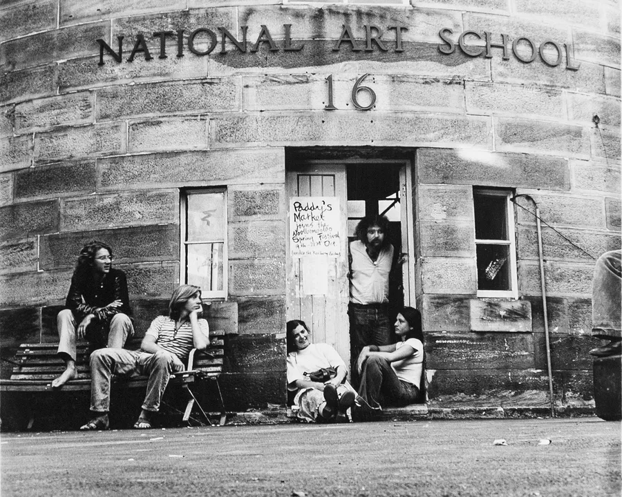 Fiona Hall Students outside Building 16 George lo Grasso in doorway