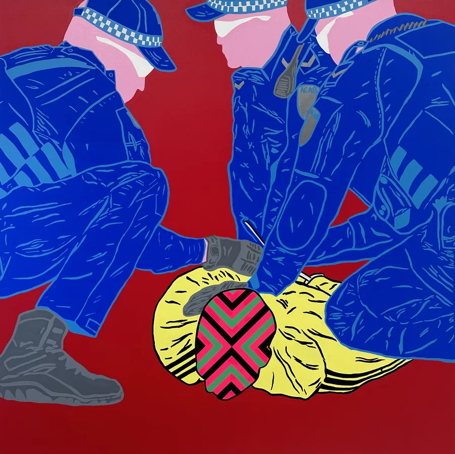 Approved reko rennie three little pigs 2024 acrylic pigment on linen 180 x 180cm