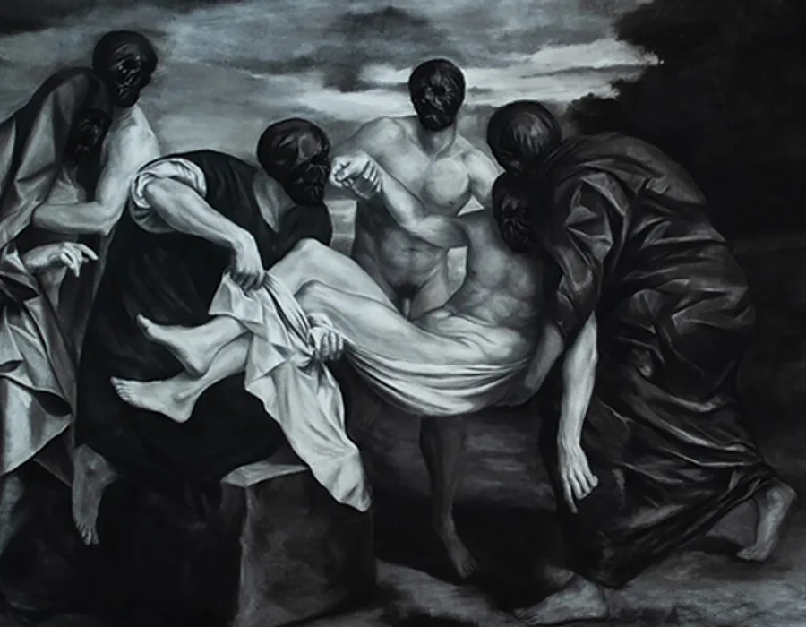 L Thurgate Let me down gently 2022 charocal on gallery wall 1 1024x848 copy