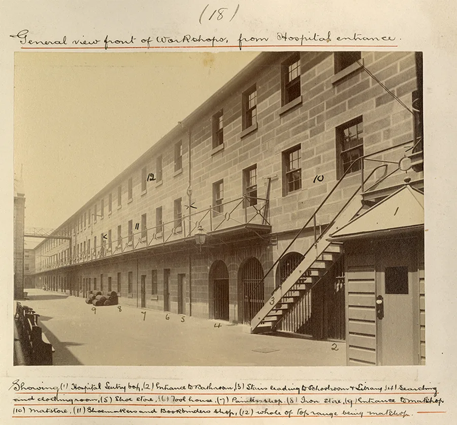 Exterior gaol workshops c1885-1890, sepia albumen photograph 14.6 x 19.2cm