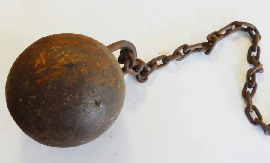 Ball and chain, c1840s, iron, ball 12cm (diameter)