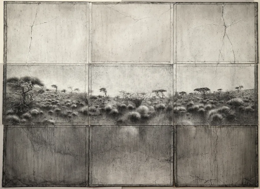 Charcoal on paper, 9 panels 168cm x 218cm (HxW).