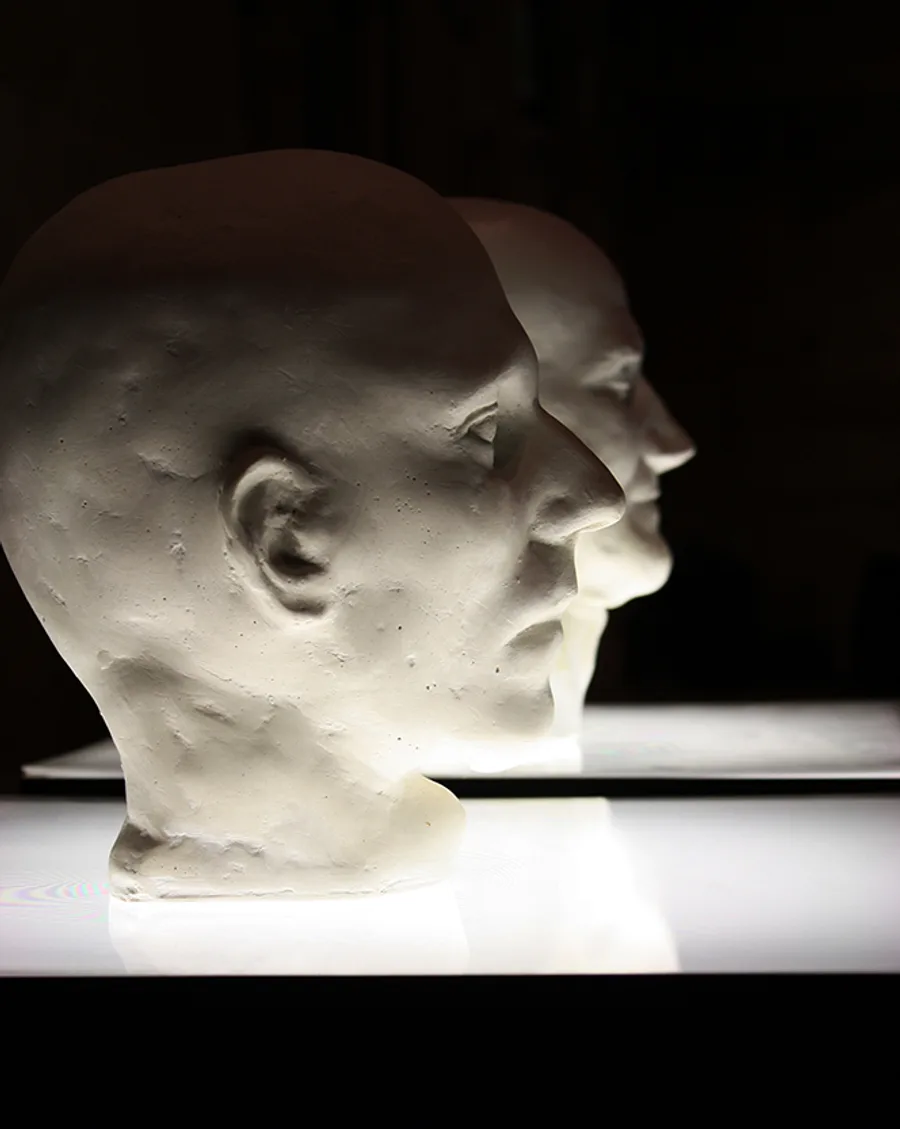 30. Death masks of Captain Moonlite and Thomas Rogan (copies), 2014, plaster, 25.5 x 17 x 27 cm, 30 x 17 x 27 cm